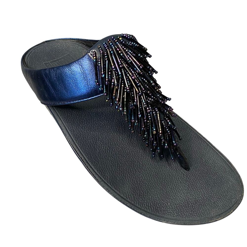 Fitflop Sandals Women Sz 6 Blue Sapphire Cha Cha Beaded Fringe